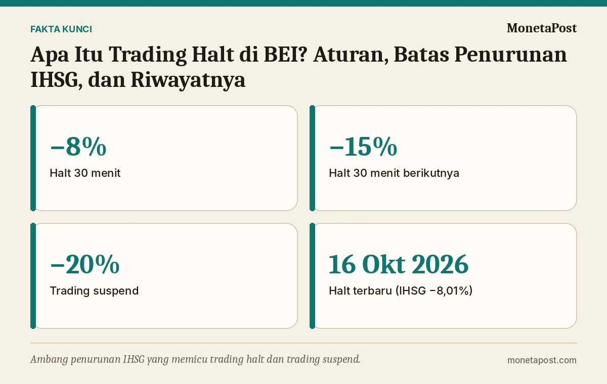 Fakta kunci: Apa Itu Trading Halt di BEI? Aturan, Batas Penurunan IHSG, dan Riwayatnya