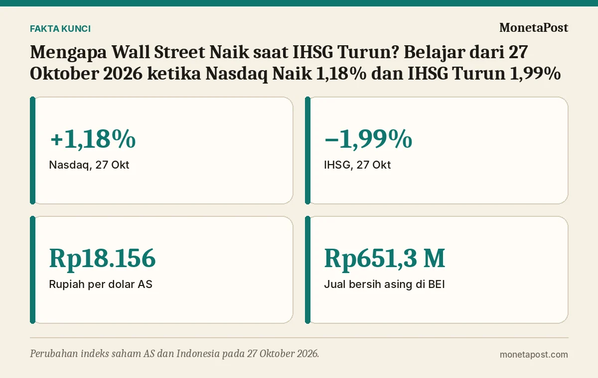 Fakta kunci: Mengapa Wall Street Naik saat IHSG Turun? Belajar dari 27 Oktober 2026 ketika Nasdaq Naik 1,18% dan IHSG Turun 1,99%