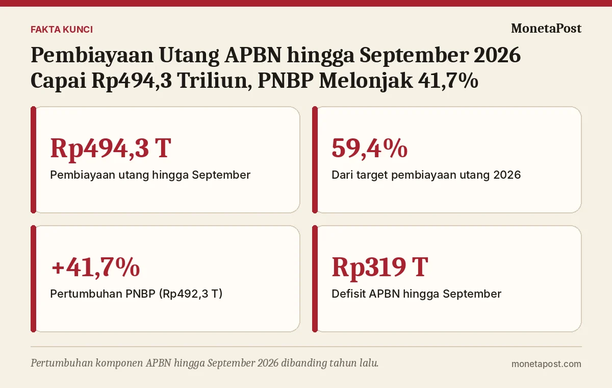 Fakta kunci: Pembiayaan Utang APBN hingga September 2026 Capai Rp494,3 Triliun, PNBP Melonjak 41,7%: Membaca Sisi Pendapatan dan Pembiayaan
