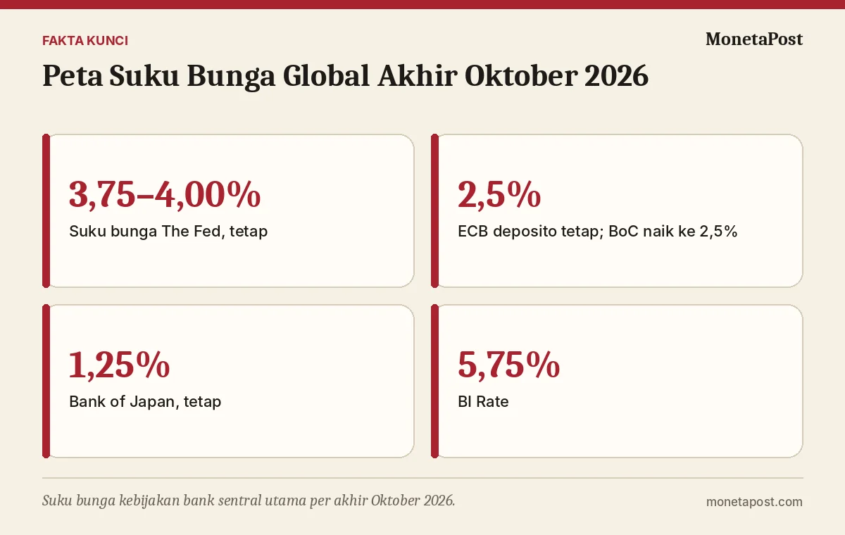 Fakta kunci: Peta Suku Bunga Global Akhir Oktober 2026: Fed, ECB, BoJ Tahan, BoC Naik — Di Mana Posisi BI Rate?