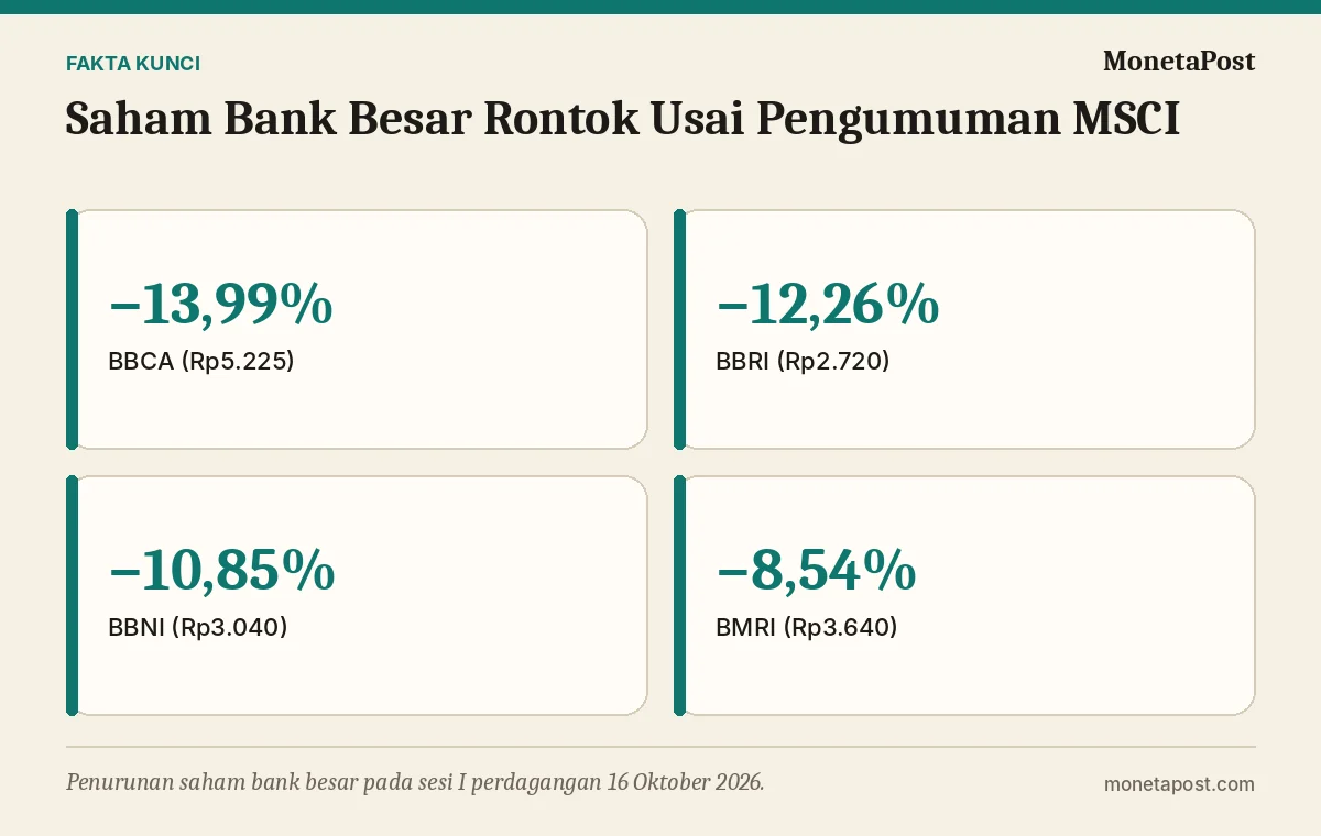 Fakta kunci: Saham Bank Besar Rontok Usai Pengumuman MSCI: BBCA Turun 14%, BBRI 12%