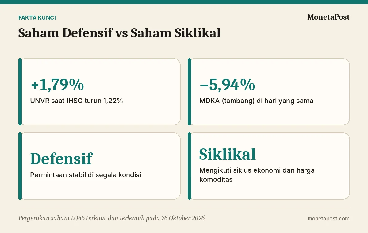 Fakta kunci: Saham Defensif vs Saham Siklikal: Pengertian, Contoh Sektor, dan Pelajaran dari IHSG 26 Oktober 2026