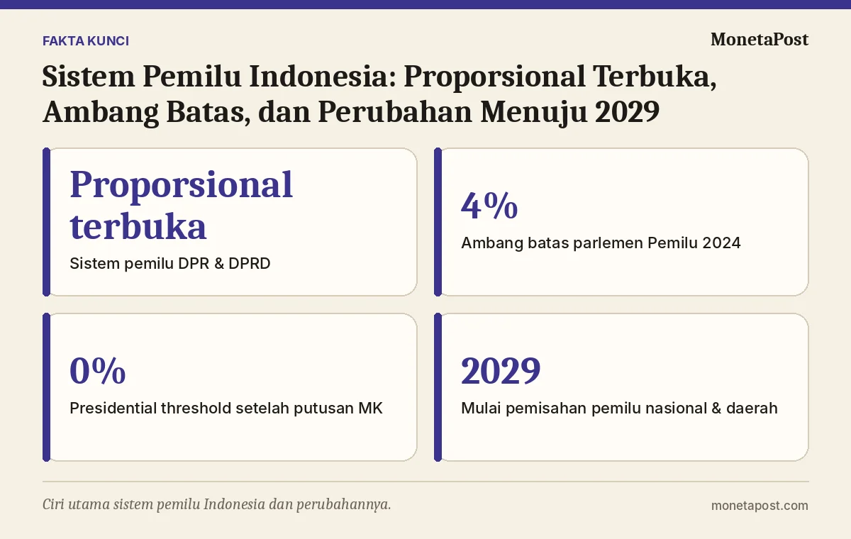 Fakta kunci: Sistem Pemilu Indonesia: Proporsional Terbuka, Ambang Batas, dan Perubahan Menuju 2029