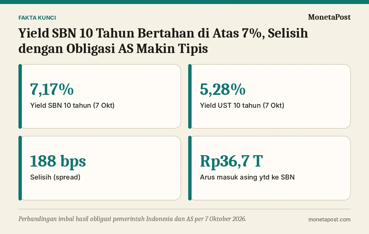 Fakta kunci: Yield SBN 10 Tahun Bertahan di Atas 7%, Selisih dengan Obligasi AS Makin Tipis